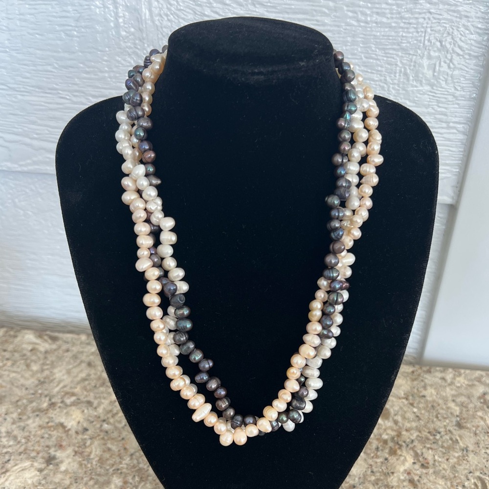 Vintage Organic Freshwater Pearl Multi Colour 3 Strand Baroque Nugget Necklace
